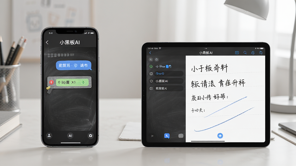 一张展示小黑板AI在手机和平板上使用的对比图,左侧手机屏幕显示问答界面,右侧平板屏幕显示手写笔记界面,背景是简洁的书桌,风格写实,光线柔和,细节清晰,画质干净,无多余元素,两设备屏幕上都显示“小黑板AI”界面。