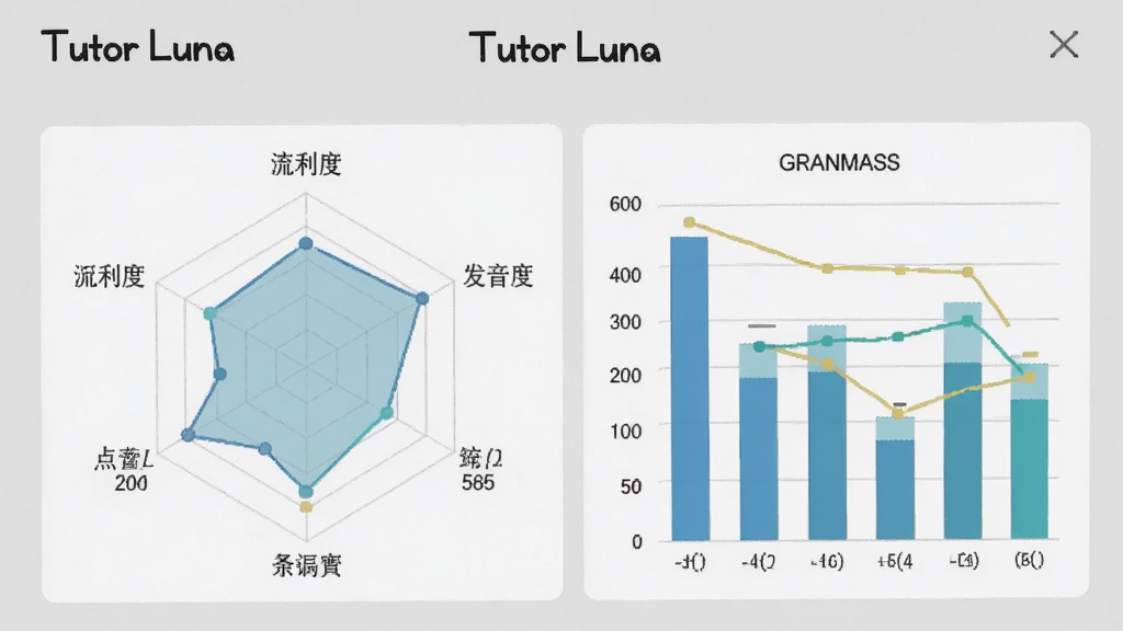 一张展示Tutor Luna学习报告页面的图片,屏幕上显示雷达图和柱状图,标注流利度、发音、语法等分数,背景是浅灰色,整体风格简洁专业,画质干净,无多余元素,标注“Tutor Luna”