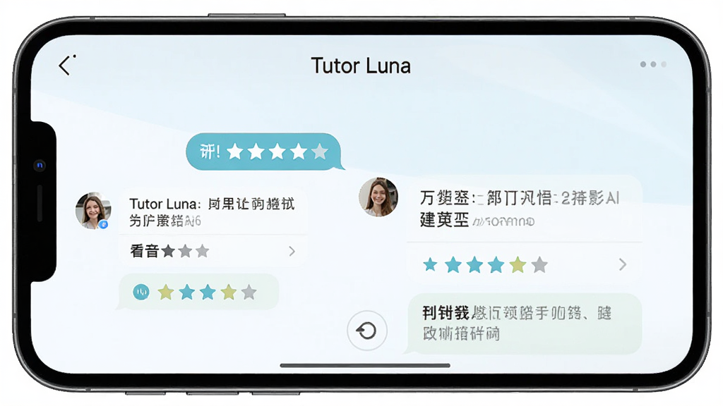 展示Tutor Luna智能对话功能的界面,手机屏幕上显示用户与AI外教的实时对话轮次,AI的回复下方有发音评分和纠错提示,界面配色清爽,文字清晰,画质干净,无多余元素,标注“Tutor Luna”