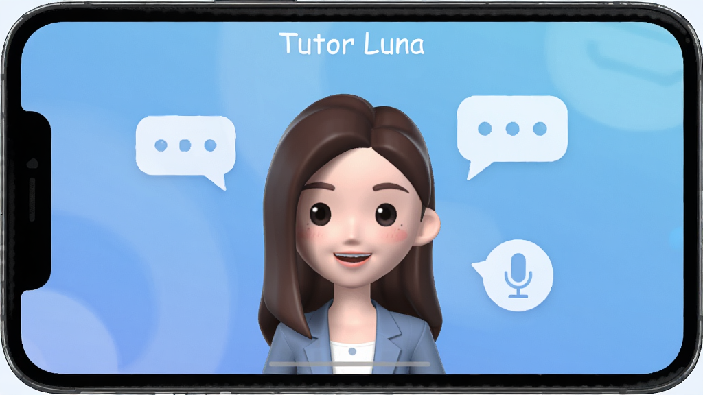 一张展示Tutor Luna主界面的高清手机截图,屏幕中央是一个虚拟外教卡通形象,面带微笑,周围有对话气泡和麦克风图标,背景是柔和的蓝色渐变,整体风格清新简约,画质干净,无多余元素,文字标注“Tutor Luna”