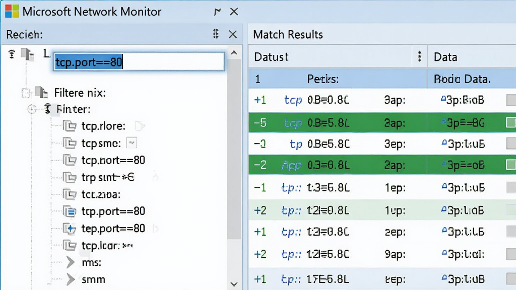 主体:Microsoft Network Monitor的过滤器编辑界面特写,左侧为过滤规则列表,右侧为匹配结果;布局:左右分栏结构,左侧规则树,右侧数据包列表;排版:规则框内输入“tcp.port==80”,下方显示过滤后的数据包;风格:扁平化界面,淡蓝色背景,简洁大方;细节:过滤条件高亮显示,匹配的数据包行有绿色标记,整体画面干净整洁;画质:高清,无多余元素。