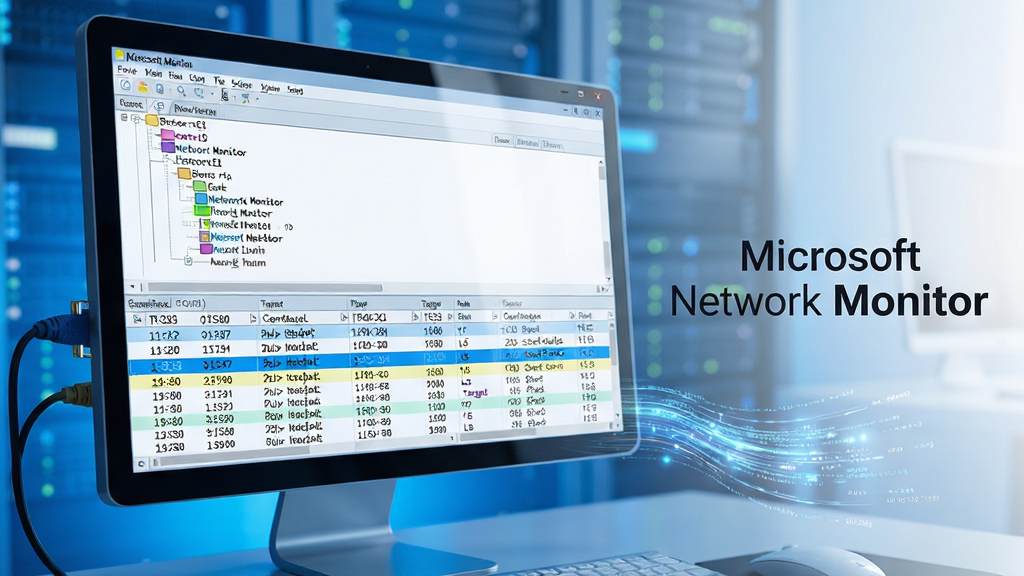 主体:一台运行着Microsoft Network Monitor的电脑屏幕特写,屏幕上显示彩色协议树和数据包列表,旁边有网线接口和流动的数据光效;布局:电脑屏幕位于画面中央偏左,右侧留白放置软件名称文字“Microsoft Network Monitor”;排版:屏幕内容清晰可辨,上方为菜单栏,下方为分组的数据包列表,颜色鲜明;风格:现代科技感,蓝色调为主,干净整洁;细节:数据包行高亮显示,时间戳、源地址、目标地址列清晰,屏幕反射柔和光线;画质:8K超高清,细节丰富,干净,无多余元素。