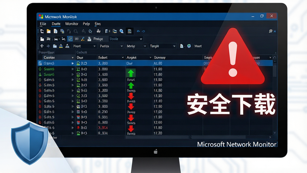 主体:一台电脑屏幕显示Microsoft Network Monitor的运行界面,旁边有一个红色警告图标和“安全下载”字样;布局:电脑屏幕占画面大部分,左下角有盾牌图标,右下角有软件名称“Microsoft Network Monitor”;排版:界面清晰,菜单栏、工具栏、数据列表层次分明,警告图标醒目;风格:科技感,深色背景,蓝红点缀;细节:数据包列表中有绿色上行和红色下行箭头,提示安全;画质:高清,干净,无多余元素。