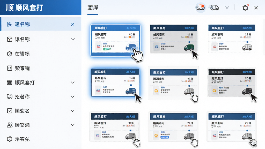主体为“顺风套打”软件模板库界面,左侧是快递公司名称列表,右侧显示对应面单模板缩略图。布局左右分栏,排版整齐。风格为商务蓝白配色,细节包括鼠标点击选中模板的高亮效果。画质清晰,干净无多余元素。