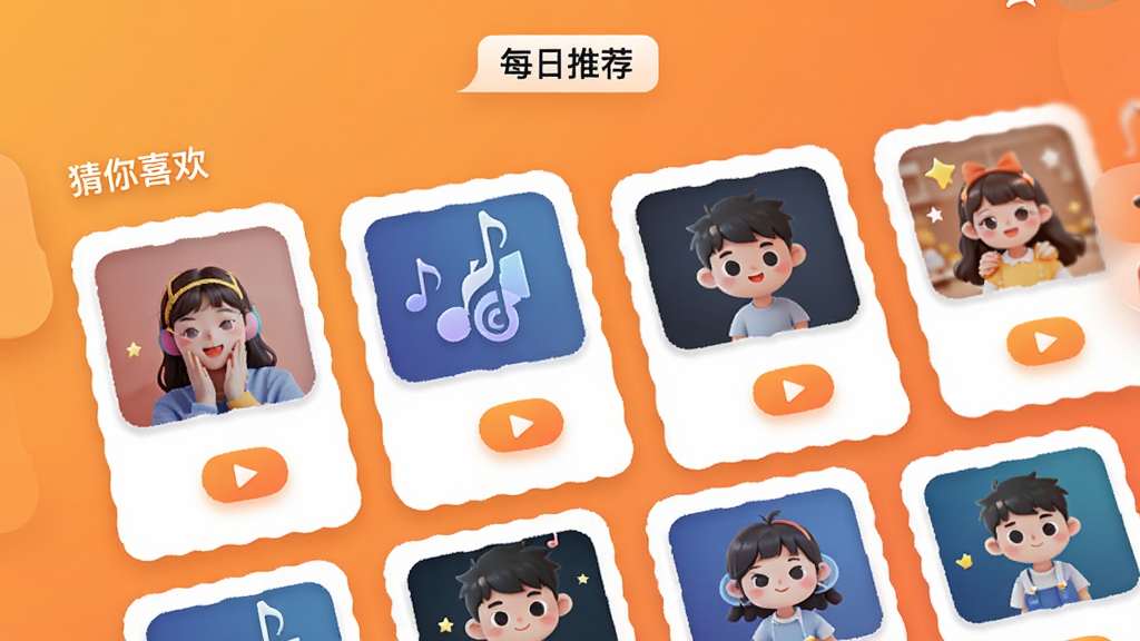 �������ָ��Ի��Ƽ����棬չʾ������ϲ������飬��������������Ƭ��ÿ�ſ�Ƭ�з���ͼ�Ͳ��Ű�ť������Ϊůɫ���䣬��Ƭ�������У������С�ÿ���Ƽ�����ǩ��������������죬���ʸɾ����޶���Ԫ��