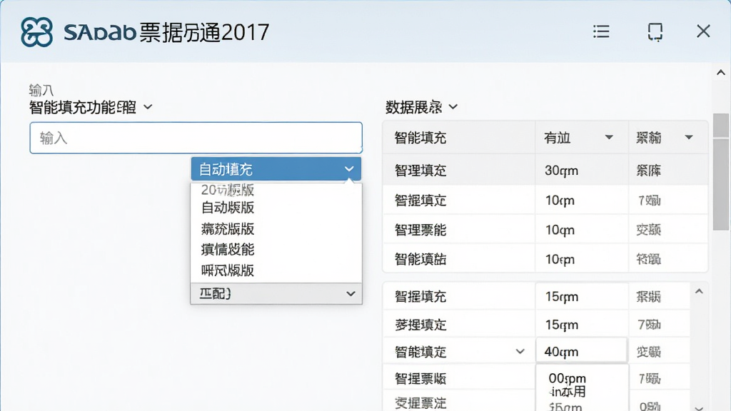萨博票据通2017标准版 智能填充功能 输入框自动联想 数据列表展示 布局合理 排版清晰 风格现代 细节显示下拉匹配 画质干净 无多余元素