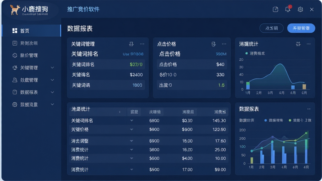 主体:小鹿搜狗推广竞价软件的主界面,展示关键词管理、出价调整、数据报表等核心功能模块。布局:左侧功能导航栏,右侧为数据表格和图表区域,整体采用深蓝色商务风格。排版:界面信息层级分明,表格数据清晰,按钮标识明确。风格:现代化软件界面设计,符合SEM工具的专业调性。细节:屏幕中显示“关键词排名”“点击价格”“消费统计”等数据卡片,界面干净整洁。画质:高清渲染,细节丰富,无多余元素。
