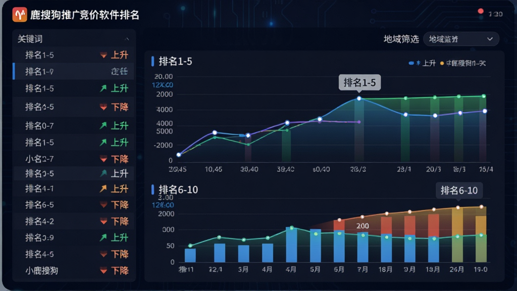 主体:小鹿搜狗推广竞价软件的排名监控面板,展示多个关键词的排名曲线图,并标注“上升”“下降”状态。布局:左侧为关键词列表,右侧为折线图与柱状图,顶部有地域筛选器。排版:图表坐标轴清晰,数据点有悬浮提示。风格:深色背景科技感,数据可视化风格。细节:图表中显示“排名1-5”“排名6-10”色块区域,整体视觉直观。画质:高清渲染,数据清晰可读。