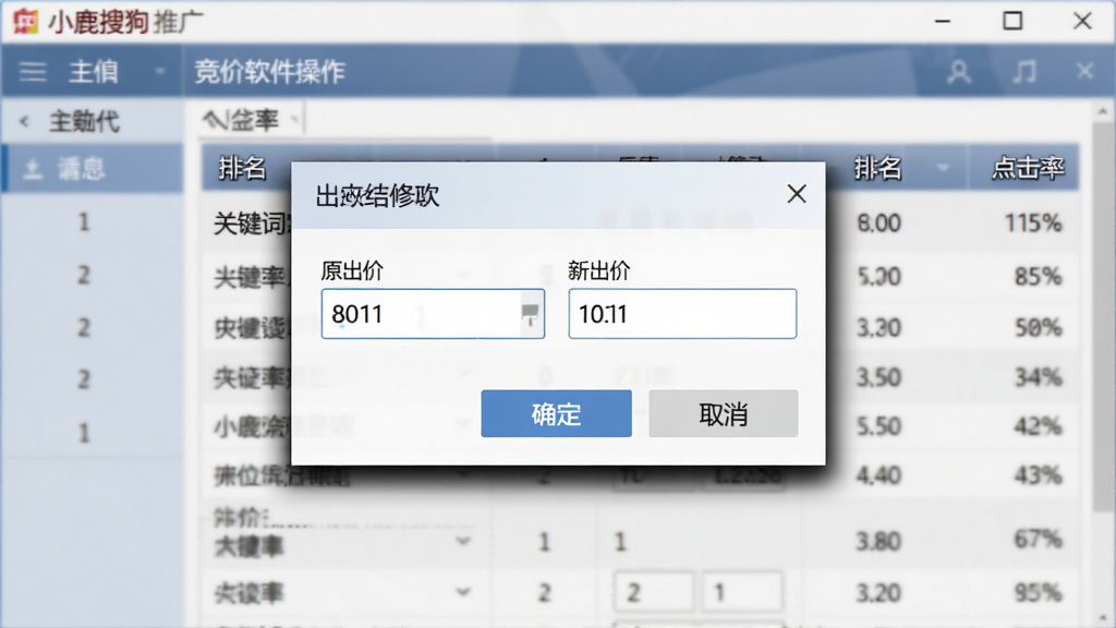 主体:小鹿搜狗推广竞价软件的操作界面,显示关键词列表和出价修改弹窗。布局:弹窗居中,背景为模糊的软件主界面。排版:弹窗内有“原出价”“新出价”输入框,底部有“确定”“取消”按钮。风格:商务软件风格,弹窗阴影明显。细节:界面中可见“排名”“点击率”等列。画质:清晰,无杂乱元素。
