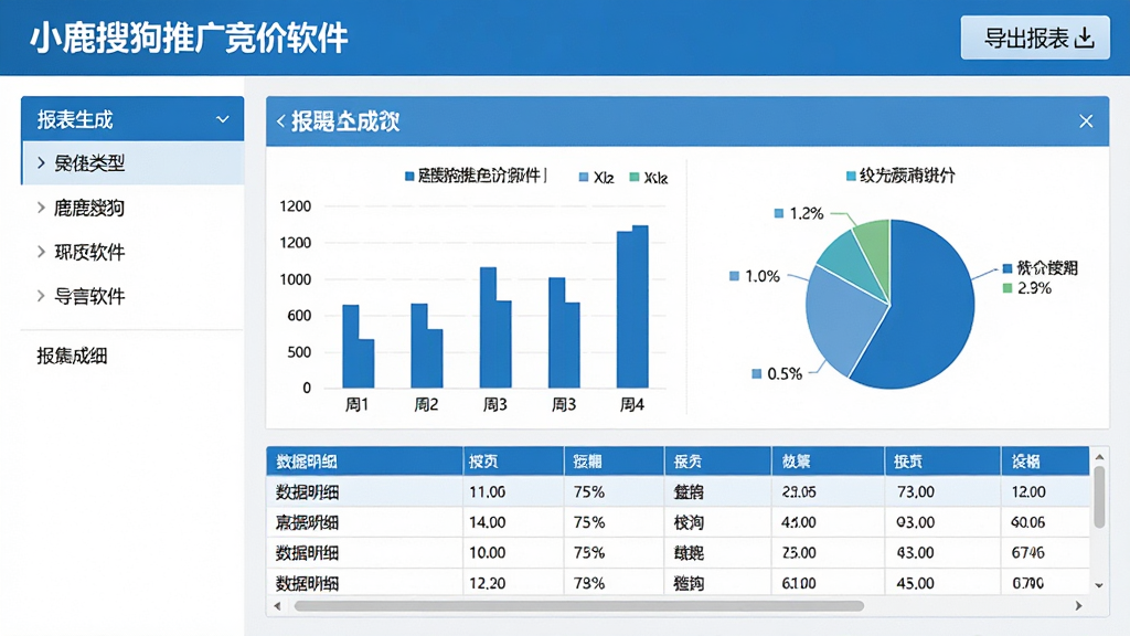 主体:小鹿搜狗推广竞价软件的报表生成界面,展示柱状图、饼图和数据表格,顶部有“导出报表”按钮。布局:左侧为报表类型列表,右侧为图表区域。排版:图表布局均衡,标题清晰。风格:商务简洁,蓝色主调。细节:图表下方有数据明细表,可滚动查看。画质:高清,文字可辨。