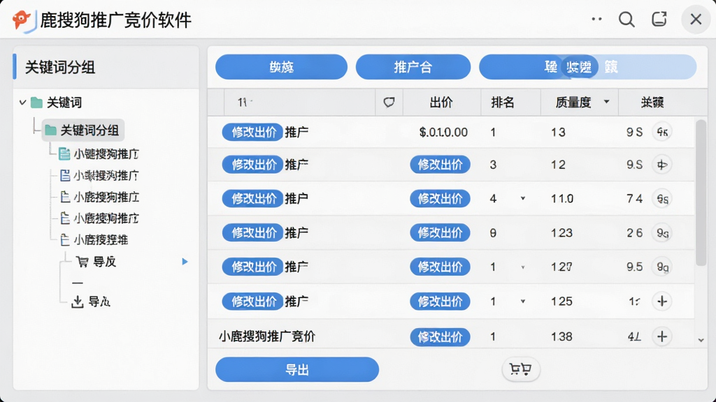 主体:小鹿搜狗推广竞价软件的关键词批量管理界面,左侧为关键词分组树,右侧为关键词列表,包含“出价”“排名”“质量度”等列。布局:上下结构,顶部为操作按钮栏,下方为数据表格。排版:表格行间距适中,按钮采用圆角设计。风格:浅灰背景搭配蓝色高亮,专业工具风格。细节:关键词行内显示“修改出价”按钮,底部有“导入”“导出”功能键。画质:清晰锐利,界面无杂乱元素。