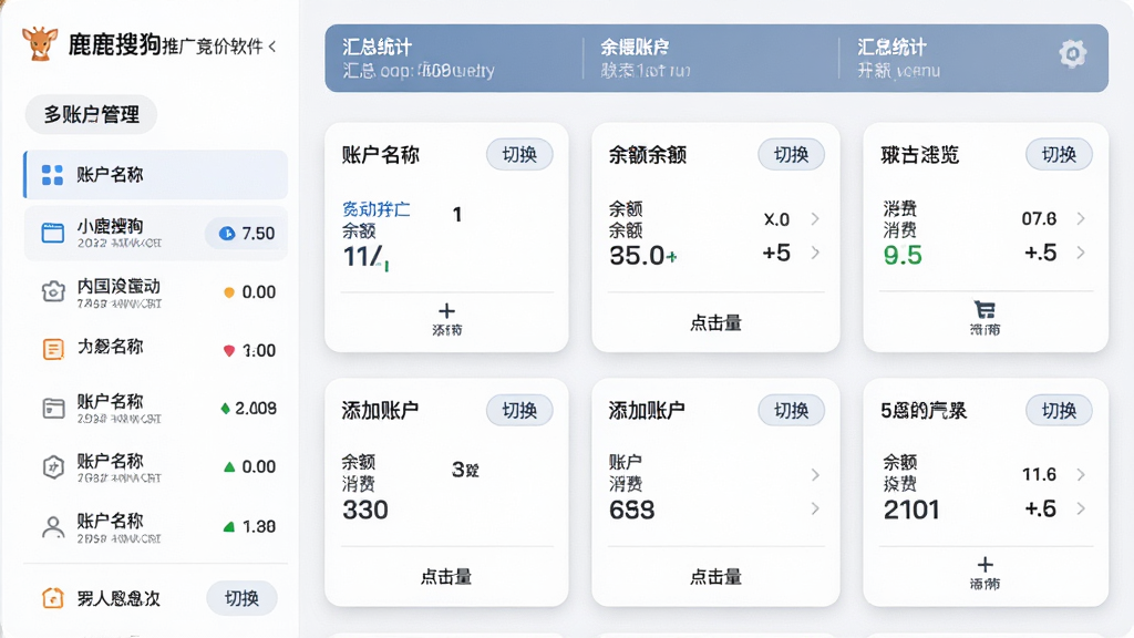 主体:小鹿搜狗推广竞价软件的多账户管理界面,左侧为账户列表,右侧为各账户数据概览卡片。布局:卡片式排列,每个卡片显示账户名称、余额、消费、点击量。排版:卡片等间距,顶部为汇总统计栏。风格:浅色背景,卡片圆角阴影,商务简约风。细节:卡片右上角有“切换”按钮,底部有“添加账户”图标。画质:界面干净,无多余元素。