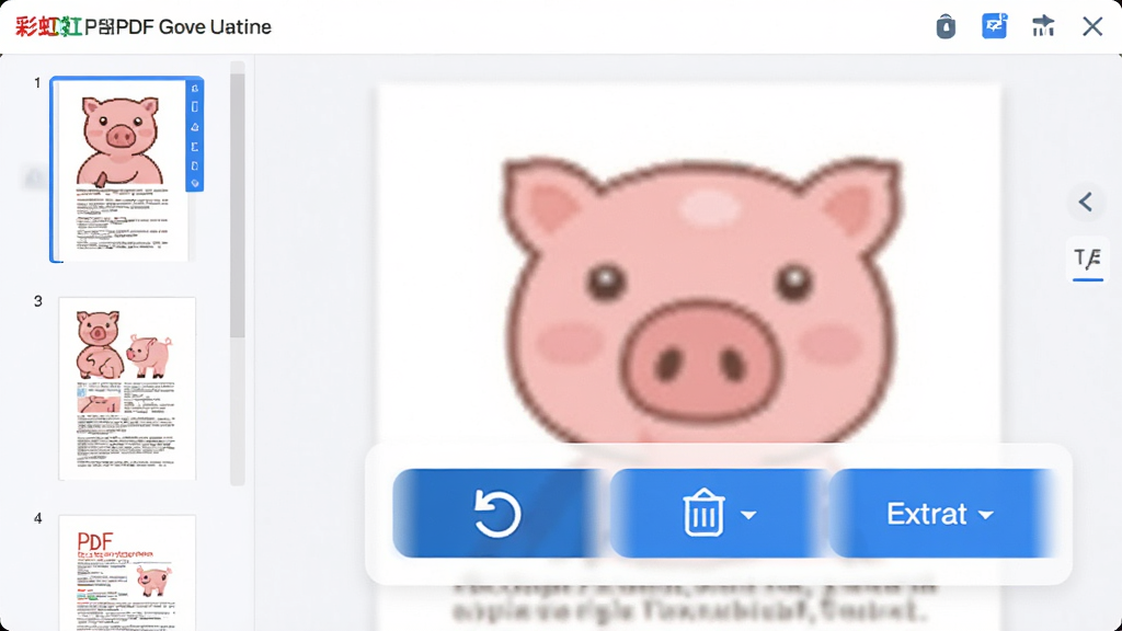 彩虹猪PDF转换器页面编辑功能预览,左侧为PDF页面缩略图列表,右侧显示放大后的编辑区域,包含旋转、删除、提取按钮,界面以白色为主,蓝色点缀,清晰展示操作流程,画质干净无杂物