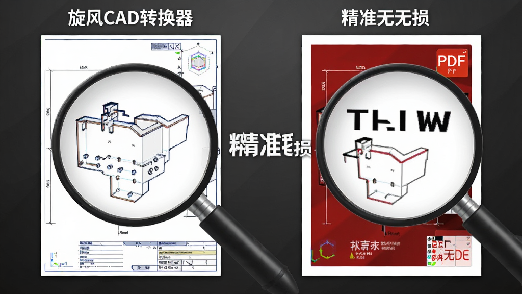 一张展示旋风CAD转换器高精度渲染效果的对比图,左侧为原始CAD图纸,右侧为转换后的PDF文件,放大细节显示线条光滑、文字清晰,色彩鲜明,背景为深灰渐变,突出“精准无损”卖点,整体干净利落。