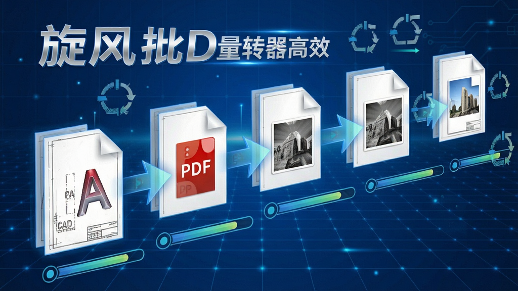 一张展示旋风CAD转换器批量转换过程的动态示意图,画面中多份CAD图纸文件整齐排列,正在被依次转换成PDF和图片格式,转换进度条清晰可见,背景为科技感蓝色网格,突出“批量转换”和“高效”主题,画质高清,干净无杂物。