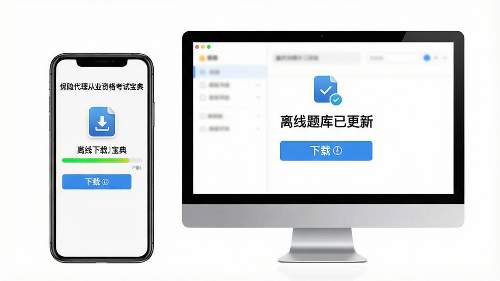 主体:手机和电脑并排展示“保险代理从业资格考试宝典”的离线下载界面,手机屏幕上有下载进度条,电脑屏幕上有“离线题库已更新”提示。布局:左右对称,设备居中。排版:界面简洁,下载按钮醒目。风格:写实,自然光,白色背景。细节:下载图标清晰,进度条颜色鲜艳。画质:高清,干净,无多余元素。
