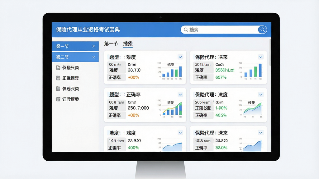 主体:电脑屏幕上显示“保险代理从业资格考试宝典”的题库列表界面,左侧是章节分类,右侧是题目列表,顶部有搜索框。布局:左右结构,清晰直观。排版:题目列表以卡片形式排列,每道题显示题型、难度和正确率。风格:扁平化设计,蓝色主调,整洁大方。细节:题目文字清晰,数据可视化图表展示正确率趋势。画质:高清,干净,无多余元素。