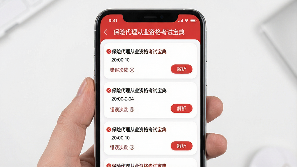 主体:手机屏幕展示“保险代理从业资格考试宝典”的错题本界面,列表中有多道错题,每道题旁边有红色标记。布局:手机居中,界面占满屏幕。排版:错题以时间倒序排列,每道题显示题干、错误次数和解析按钮。风格:清新简洁,白色背景,红色点缀。细节:界面圆润,触控按钮明显,文字清晰。画质:高清,干净,无多余元素。