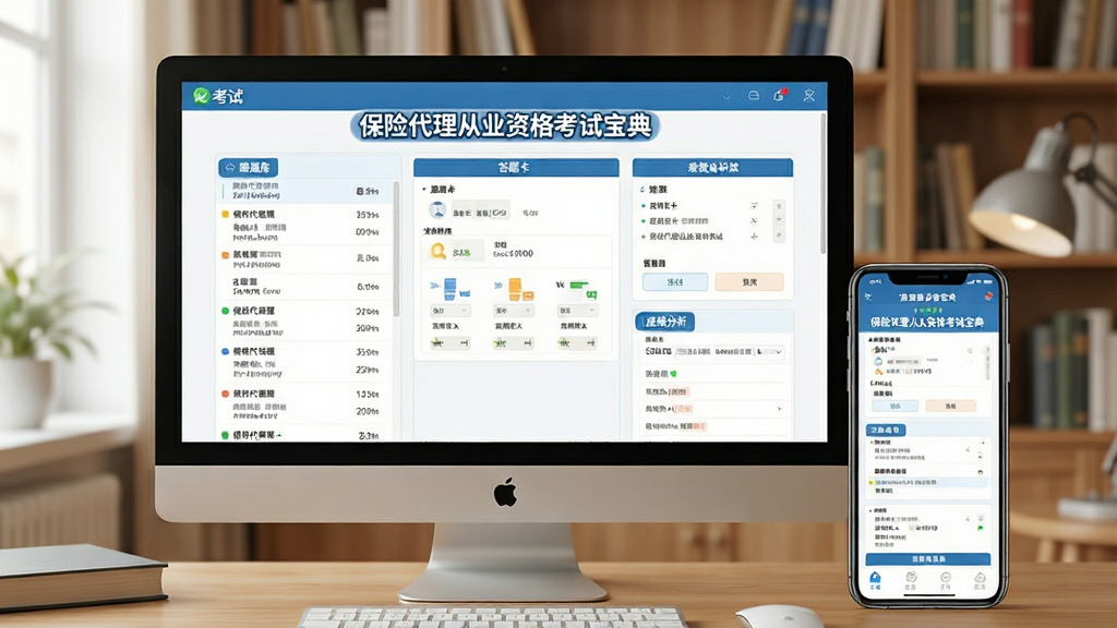 主体:保险代理从业资格考试宝典软件界面展示,电脑屏幕上有模拟考试界面,旁边有手机显示同款APP界面,背景为书房环境。布局:电脑与手机并排,主次分明,界面内容清晰可见。排版:界面截图展示题库列表、答题卡、成绩分析等模块,文字标签显示“保险代理从业资格考试宝典”。风格:写实风格,色彩明亮,突出软件功能。细节:屏幕光线柔和,界面无遮挡,文字清晰可读。画质:高清,干净,无多余元素。