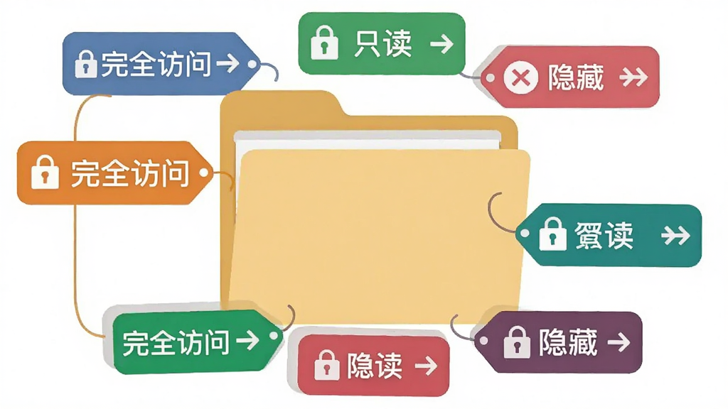 画面主体是文件夹上叠加多个彩色权限标签,如“完全访问”“只读”“隐藏”等字样。布局为俯视视角,文件夹居中,标签环绕排列。排版简洁,风格为扁平化插画,细节包括锁形图标与箭头指示。画质清晰,干净无多余元素。