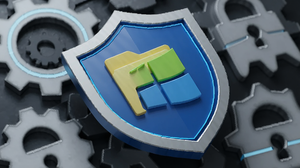 画面主体是Windows系统文件夹图标被盾牌保护罩覆盖,背景为齿轮与锁形元素。布局为斜对角构图,盾牌位于中心。风格为科技感3D渲染,细节包括金属光泽与蓝色光效。画质精细,干净无多余元素。