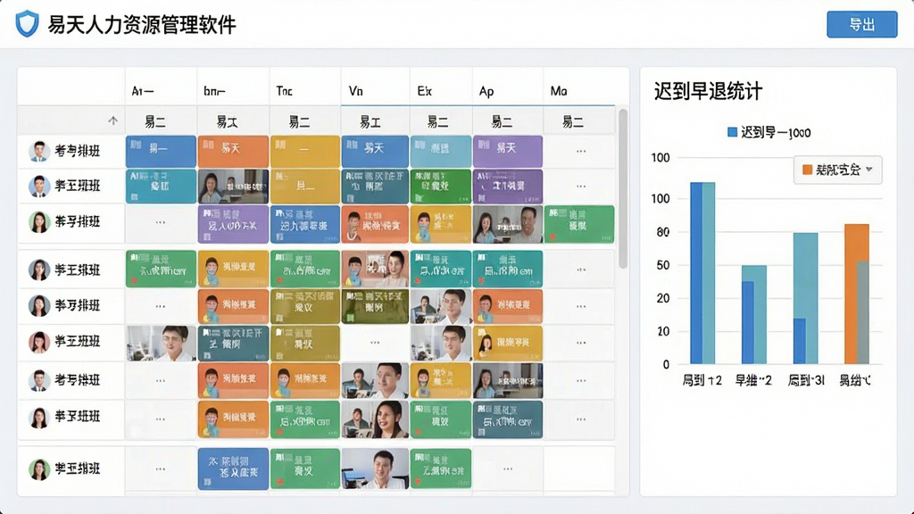 易天人力资源管理软件考勤排班界面截图,页面展示多员工一周排班表格,不同班次用彩色色块区分,右侧显示迟到早退统计柱状图,顶部有导出按钮,整体风格简洁明快,文字清晰,画质干净,无多余元素