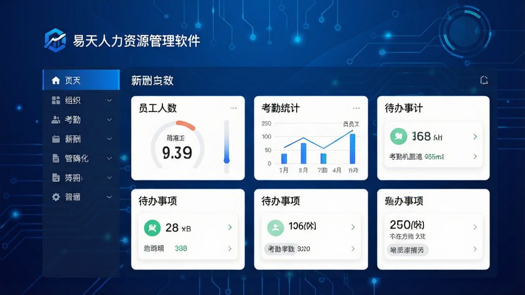 图片居中展示易天人力资源管理软件主界面仪表盘,背景为深蓝色科技感渐变,左侧导航栏清晰显示组织、考勤、薪酬等模块,中央区域展示员工人数、考勤统计、待办事项等数据卡片,整体布局简洁商务,界面明亮干净,文字标签“易天人力资源管理软件”置于顶部Logo旁,画质高清,无多余元素