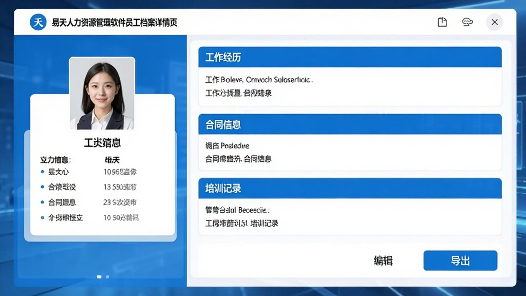 易天人力资源管理软件员工档案详情页,左侧为员工头像及基本信息卡片,右侧为工作经历、合同信息、培训记录等分栏展示,底部有编辑与导出按钮,界面采用蓝白配色,排版整齐,画质清晰,无多余元素