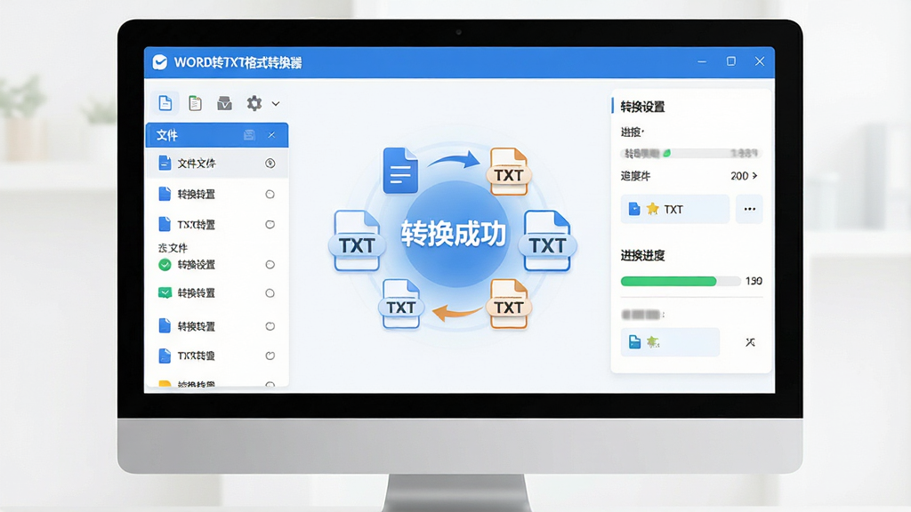 主体:一款名为“WORD转TXT格式转换器”的软件界面展示在电脑屏幕上,界面简洁明亮。布局:左侧为文件列表,右侧为转换设置与进度条。排版:界面采用卡片式布局,功能按钮清晰排列。风格:现代化扁平设计,主色调为蓝色与白色。细节:屏幕中央显示“转换成功”字样,周围有文档图标与TXT图标互转的动画效果。画质:高清,干净,无多余元素。