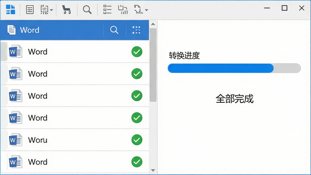 主体:软件批量转换界面,左侧列表显示多个Word文档文件名,右侧显示转换进度条与“全部完成”提示。布局:左右分栏,上方为工具栏。排版:列表清晰,进度条醒目。风格:商务简约,色彩以蓝白灰为主。细节:每个文件行尾有绿色对勾图标表示转换成功。画质:高清,干净,无多余元素。