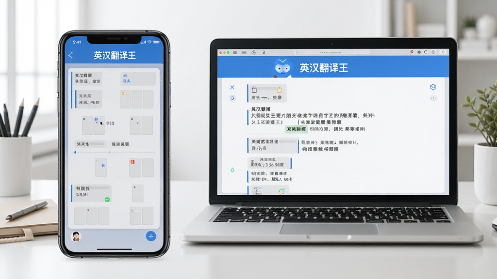 一张展示英汉翻译王在手机和电脑上同步使用的场景图,左侧是手机屏幕显示翻译界面,右侧是笔记本电脑屏幕显示相同内容,背景为桌面工作台,整体风格明亮,突出“英汉翻译王”品牌,画质清晰,无多余元素。