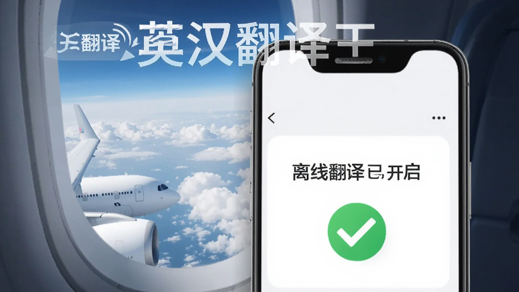 一张展示英汉翻译王离线翻译功能的宣传图,背景为飞机窗外云层,前景是一个手机屏幕,上面显示“离线翻译已开启”的提示,并有一个绿色对勾图标,整体色调明亮,突出“英汉翻译王”字样,画质清晰,无多余元素。