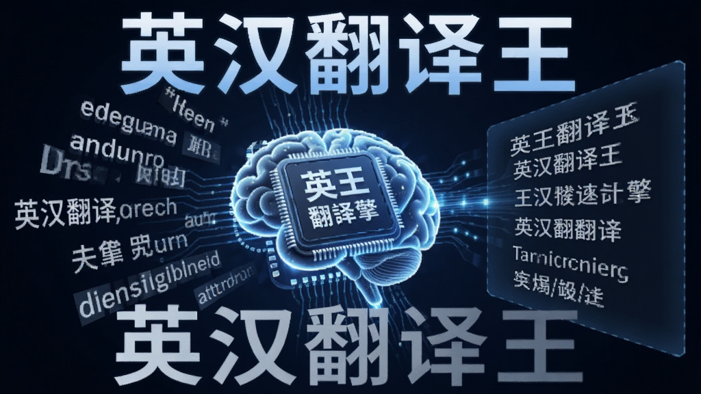 一张展示英汉翻译王智能翻译引擎工作的概念图,画面中央为一个大脑形状的芯片,周围环绕着中英文词汇和句子碎片,右侧显示流畅的翻译结果,整体风格科技感十足,背景为深蓝色,突出“英汉翻译王”字样,画质清晰,无多余元素。