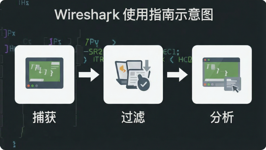 Wireshark使用指南示意图,包含捕获、过滤、分析三步流程,简洁图标风格,文字标注