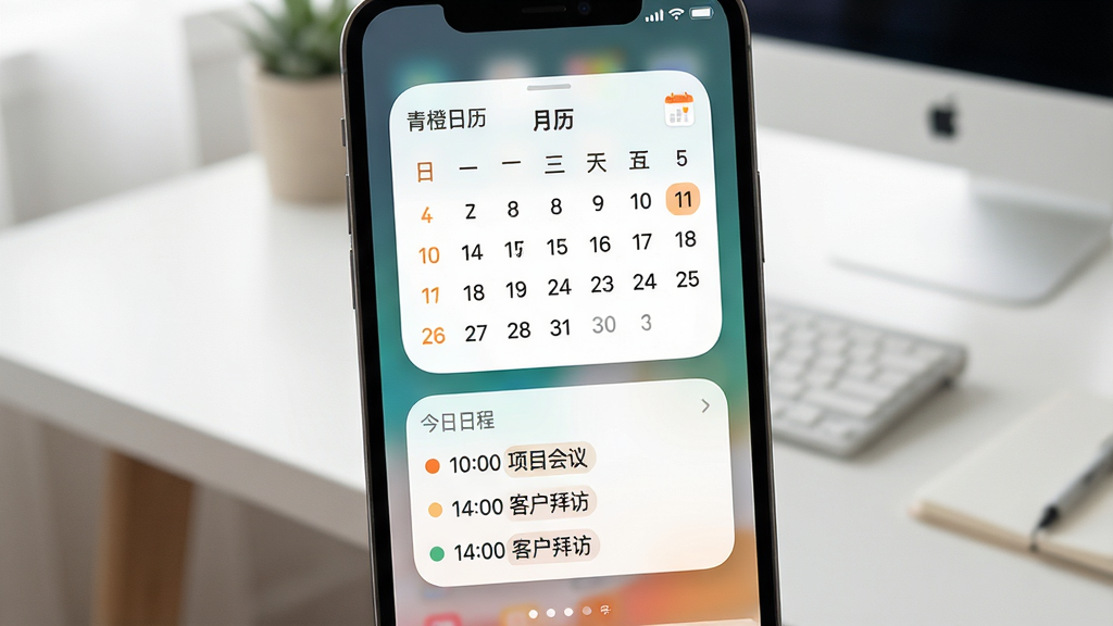 主体:手机屏幕展示青橙日历的桌面小组件,组件为“月历”样式,下方显示今日日程列表。布局:组件位于手机屏幕中央,背景为一张简约的办公桌照片。排版:月历上日期数字清晰,日程列表每条有圆点标记。风格:生活化场景,自然光线,色彩柔和。细节:组件左上角有“青橙日历”小字,日程列表显示“10:00 项目会议”、“14:00 客户拜访”等。画质:高清,干净,无多余元素。