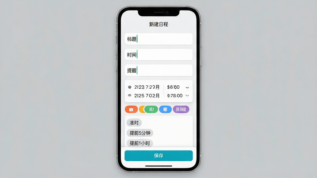主体:青橙日历的日程编辑界面,屏幕上有“标题”“时间”“提醒”等输入框,下方有彩色标签选择栏。布局:界面以列表形式纵向排列,顶部有“新建日程”标题,底部有“保存”按钮。排版:输入框间距均匀,文字清晰,标签用圆角矩形色块展示。风格:简约商务风,背景为浅灰色,卡片为白色。细节:时间选择器显示日期和时间,提醒选项有“准时”“提前5分钟”“提前1小时”等。画质:高清,干净,无多余元素。