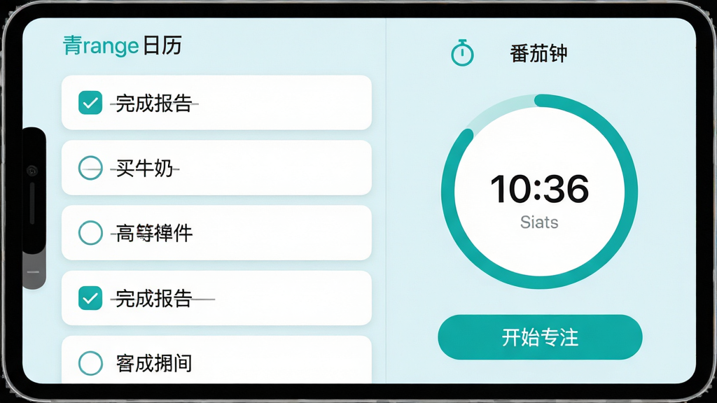 主体:青橙日历的待办清单界面,屏幕左侧是任务列表,右侧有“番茄钟”计时圆环。布局:左右分栏设计,左侧列表每行有复选框和任务文字,右侧圆环显示剩余时间。排版:任务文字左对齐,复选框为圆形,圆环下方有“开始专注”按钮。风格:清新浅色系,背景为淡蓝色,卡片为白色。细节:任务列表中有“完成报告”“买牛奶”等字样,已完成的任务文字带删除线。画质:高清,干净,无多余元素。