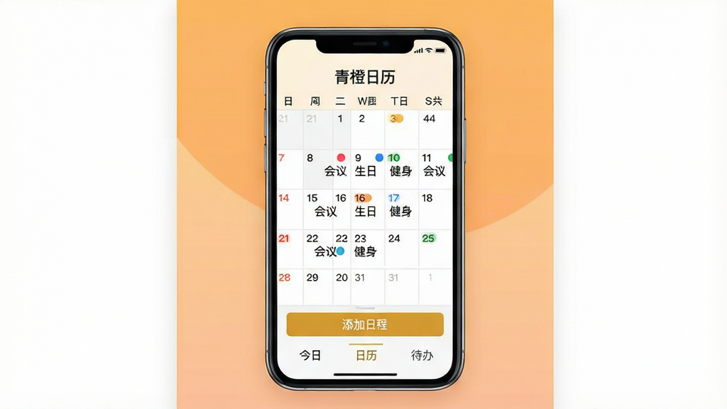 主体:青橙日历应用界面展示,画面中央是一部智能手机,屏幕显示日历月视图,日期格中有彩色标记点和日程文字,下方有“添加日程”按钮。布局:手机位于视觉中心,背景为柔和的渐变橙色,四周留白干净。排版:手机屏幕内容清晰可读,日程文字用黑色小字,标记点用红蓝绿三色。风格:扁平化设计,色彩明亮清新,整体氛围积极向上。细节:屏幕顶部显示“青橙日历”字样,日期格中可见“会议”“生日”“健身”等字样,界面底部有“今日”“日历”“待办”三个标签。画质:高清,干净,无多余元素。