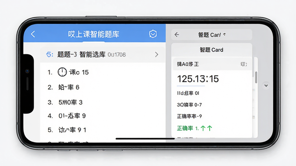 哎上课智能题库界面,主体为手机屏幕展示选择题答题页面,左侧有题目编号和选项,右侧显示答题卡,布局清爽,风格写实,细节包含计时器和正确率统计,画质高清,干净无多余元素