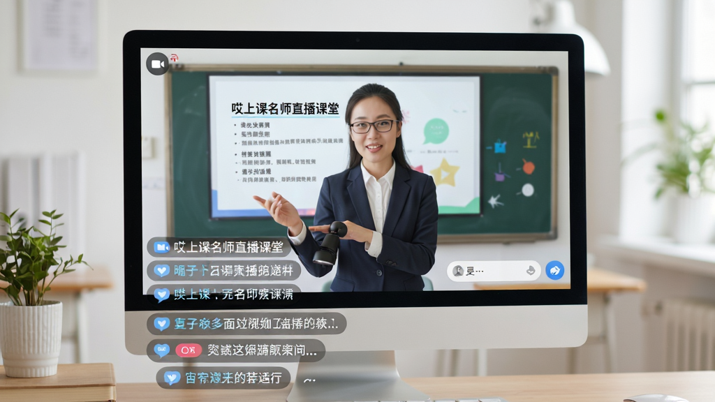 哎上课名师直播课堂场景,主体为电脑屏幕显示老师授课画面和课件,下方有学生互动弹幕,布局和谐,风格写实,细节包含摄像头图标和聊天框,画质清晰,干净无多余元素