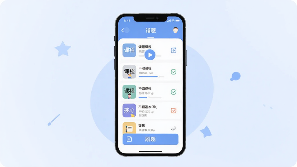 哎上课软件主视觉图,主体为手机界面展示课程列表和刷题页面,背景淡蓝色渐变,布局居中,风格扁平化插画,细节包含播放按钮、进度条和错题本图标,画质清晰干净,无多余元素