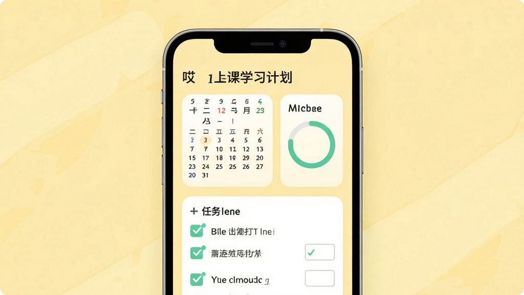 哎上课学习计划页面,主体为手机界面展示日历打卡和任务清单,背景浅黄,布局简洁,风格扁平,细节包含勾选动画和进度环,画质干净,无多余元素