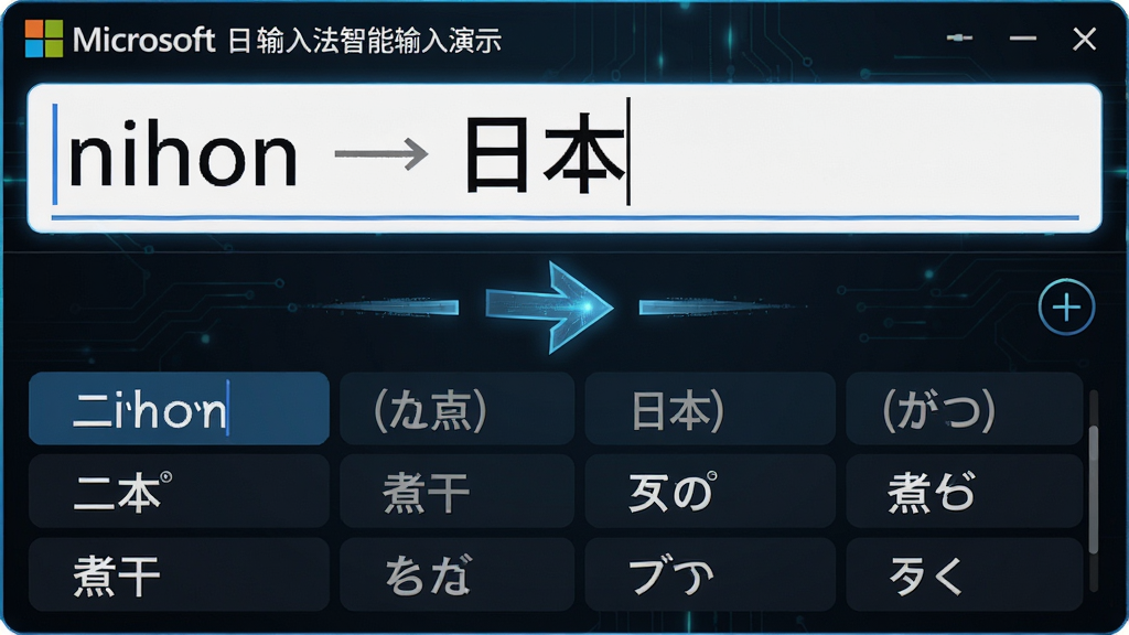 主体:微软日文输入法智能输入演示,显示输入罗马字后自动转换为日文汉字和假名的过程;布局:上方为输入框,下方为候选词列表,中间用箭头示意转换;排版:步骤分明,清楚展示输入到转换的流程;风格:清新简洁,带有科技感;细节:输入框内显示“nihon”转换为“日本”,候选词包括“二本”“煮干”等;画质:高清,干净,无多余元素