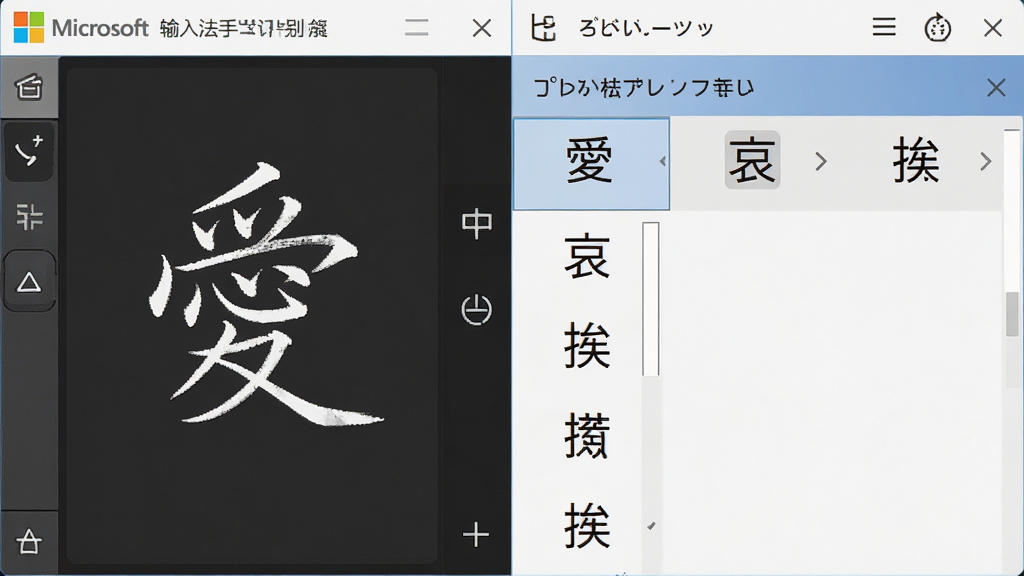 主体:微软日文输入法手写识别功能演示,屏幕左侧为手写板区域,右侧为识别结果候选列表;布局:手写板占据画面三分之一,候选列表占三分之二;排版:功能区域分明,清晰展示手写输入过程;风格:简洁实用,界面友好;细节:手写板上写有汉字“”,候选列表显示“”“哀”“挨”等字;画质:高清,干净,无多余元素