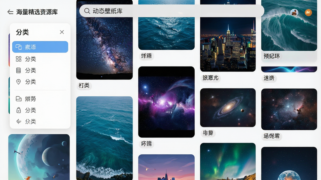 主体:动态壁纸应用内的“海量精选资源库”分类界面,屏幕上以瀑布流形式展示多张动态壁纸预览图,包括星空、海洋、城市夜景等。布局:屏幕占画面主体,左侧悬浮一个“分类”侧边栏,界面层级分明。排版:壁纸缩略图大小不一但排列有序,每个缩略图下方有简短名称标签。风格:清新扁平化设计,色彩明快。细节:其中一张星空壁纸正在播放流动的星云动画,界面顶部搜索框有“动态壁纸”字样。画质:高分辨率,画面干净,无多余元素。