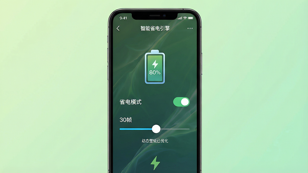 主体:手机屏幕显示动态壁纸的“智能省电引擎”设置页面,页面上有一个电池图标和“省电模式”开关,旁边有帧率调节滑块。布局:设置页面居中,背景为淡绿色渐变,象征节能环保。排版:各项设置选项垂直排列,文字说明清晰。风格:简洁商务风,界面干净利落。细节:电池图标内显示“80%”电量,帧率滑块指向“30帧”,下方有一行小字“动态壁纸已优化”。画质:高清渲染,干净,无多余元素。