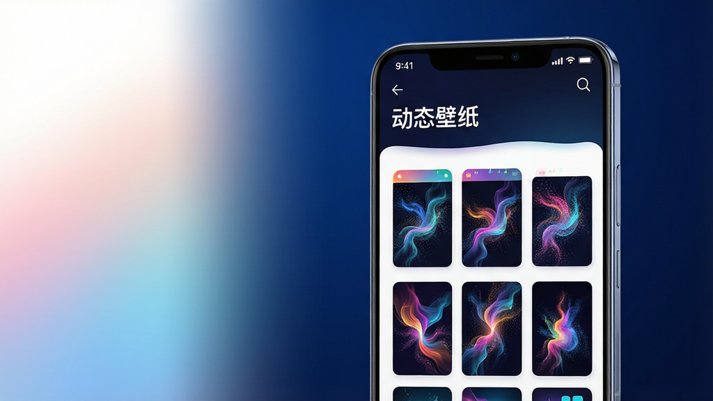 主体:一部亮屏的智能手机,屏幕中央展示着动态壁纸应用的主界面,界面上方有“动态壁纸”字样,下方以网格形式陈列着多张色彩鲜艳的动态壁纸缩略图。布局:手机位于画面中心偏右,左侧留白并用柔和的渐变光效点缀,整体构图平衡。排版:手机屏幕内的界面清晰可辨,图标排列整齐,文字标签醒目。风格:现代科技感,渲染图质感,光影通透。细节:屏幕中壁纸缩略图呈现流动的粒子效果,手机边缘有细窄的金属光泽,背景为深蓝色渐变。画质:8K超高清,细节丰富,干净,无多余元素。