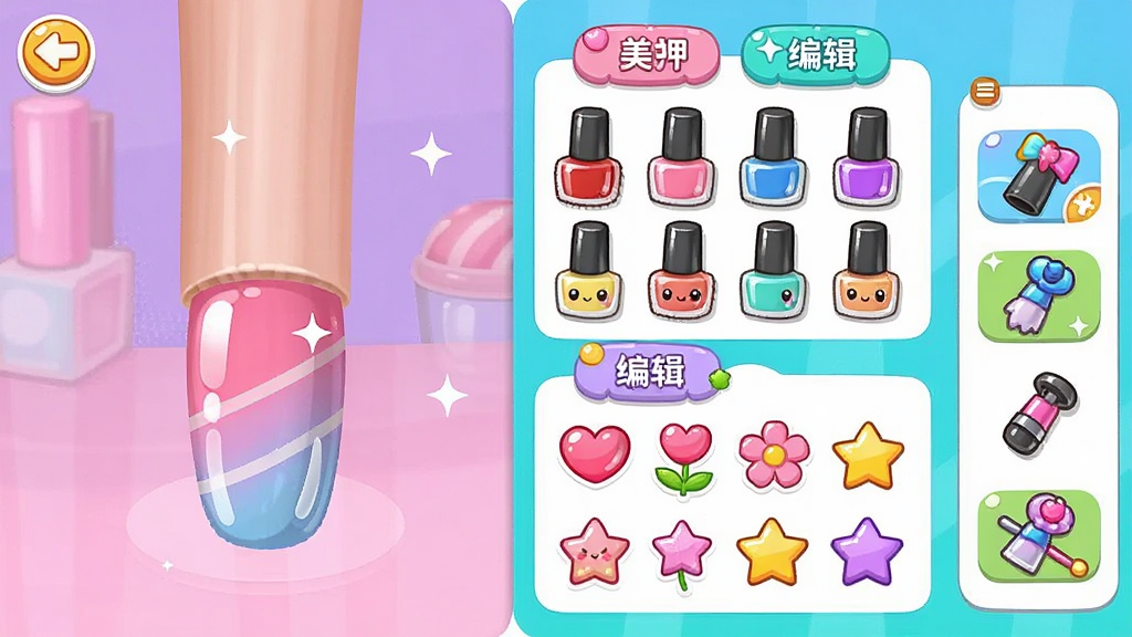 主体:游戏主界面的美甲设计工坊,展示丰富的编辑选项。布局:左侧为美甲模型,右侧为可选的甲油色盘、贴纸库和工具菜单,布局清晰。排版:UI图标圆润可爱,分类标签明确,色彩鲜艳。风格:活泼可爱的休闲手游UI风格,带有明亮的糖果色系。细节:甲油瓶图标带有光泽质感,贴纸包含爱心、花朵、星星等元素,画质清晰。画质:高清UI界面,干净无多余元素。