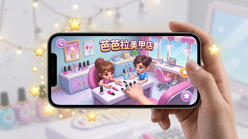 主体:玩家手机横屏握着手机,屏幕上显示《芭芭拉美甲店》游戏界面,周围有柔和的背景光。布局:手机居于画面中央,屏幕内容清晰可见,周围有星星点点的装饰光效。排版:手机屏幕占据视觉中心,背景简洁。风格:现实与游戏结合的宣传图风格,现代感强。细节:手机屏幕内显示美甲店繁忙的营业场景,色彩鲜艳。画质:高清,画面干净,无多余元素。