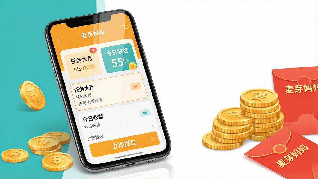 主体:一部亮屏的智能手机屏幕展示麦芽妈妈APP界面,界面中有“任务大厅”“今日收益”“立即提现”等字样,手机旁边散落着金币和红包。布局:手机居中偏左,右侧留白处放置金币堆叠与红包元素,整体平衡。排版:手机屏幕内容清晰可辨,界面列表排列整齐。风格:写实与扁平结合,色彩明快,以橙黄色和蓝绿色为主色调。细节:手机屏幕反光自然,金币光泽感强,红包上有“麦芽妈妈”字样。画质:高清,干净,无多余元素。